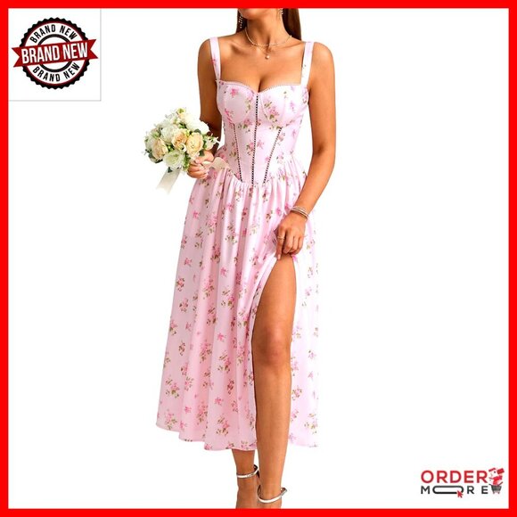 Dresses & Skirts - Floral Corset Midi Dress Boho Chic Wedding Guest Summer Dress with Pockets
